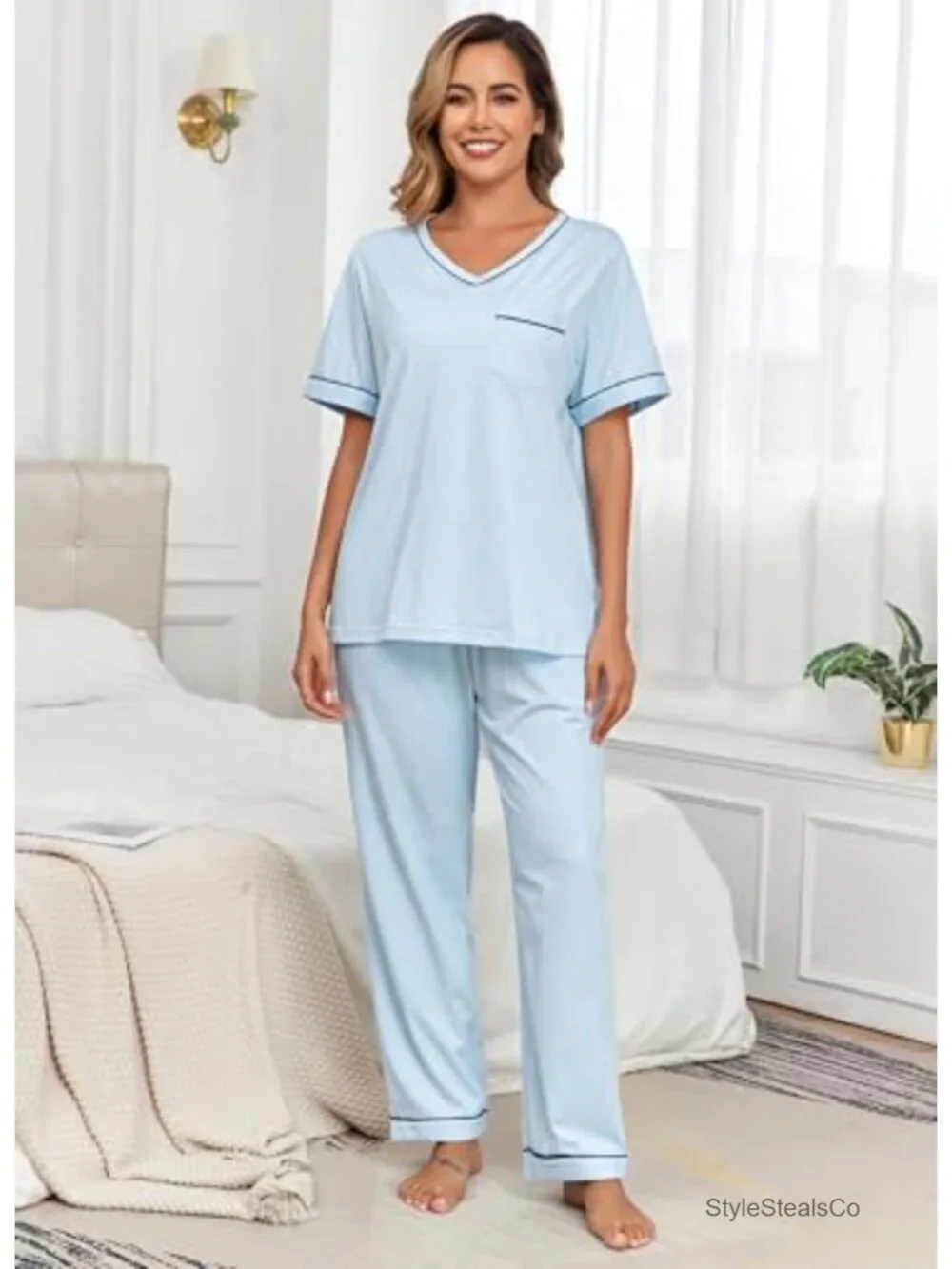 100% Cotton Women's Pajama Set V Neck Lounge Sleepwear with Pockets
